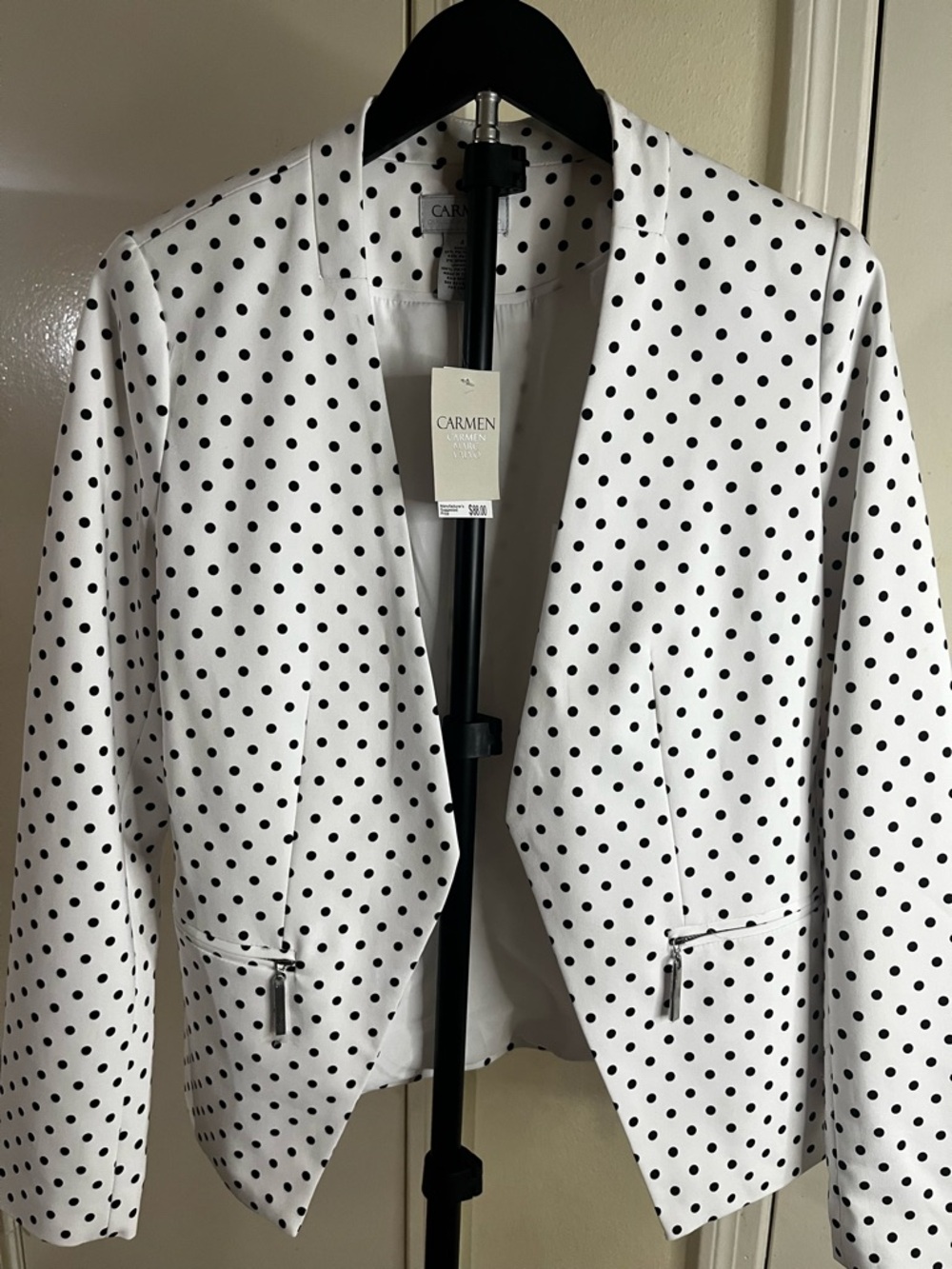 Carmen Marc Valvo White Blazer with Black Polka Dots